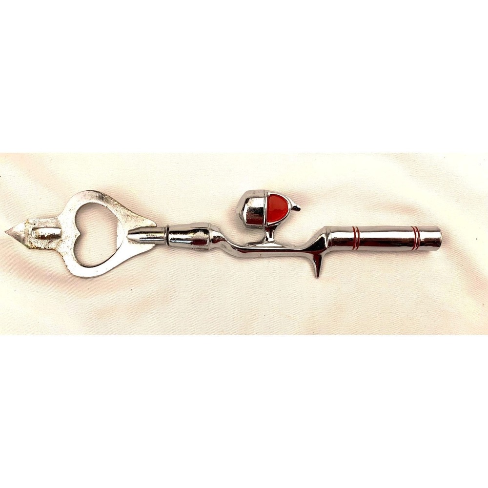 Vintage Fishing Rod &‎ Reel Bottle Opener Metal Chrome Red Accents 7" Barware